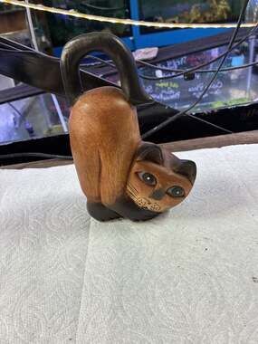 Vintage 7" Tall Cute Arched Back Brown Cat Hand Carved Solid Piece of Wood - ,